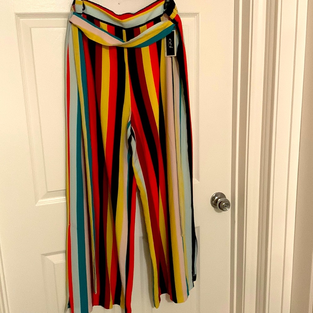 NWT• Bold, Exciting Vertical Striped Statement Pants with Belt. Sz. LG